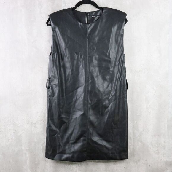 Zara Dresses & Skirts - Zara Shift Dress Womens XS Black‎ Faux Leather Mini Sleeveless Padded Shoulders